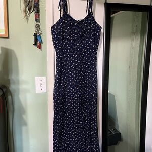 SHEIN Navy Floral Tie-Back Midi Dress